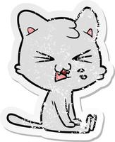 distressed sticker of a cartoon hissing cat vector