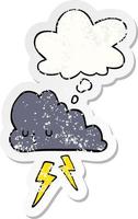 cartoon storm cloud and thought bubble as a distressed worn sticker vector