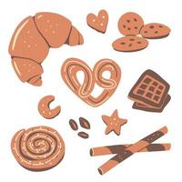 Pastry and bakery elements set. Croissant, cookies and wafers.