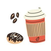 Coffe takeaway cup with donut. Vector print elements.