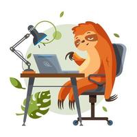 Sloth programmer working on laptop. vector