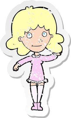 retro distressed sticker of a cartoon friendly woman waving