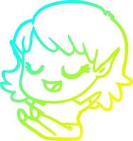 cold gradient line drawing happy cartoon elf girl sitting vector