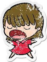 distressed sticker of a cartoon woman talking loudly vector
