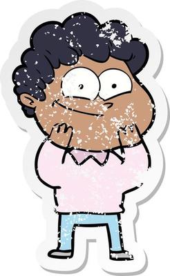 distressed sticker of a cartoon happy man