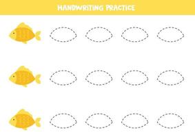 Tracing lines with cute yellow fish. Writing practice. vector