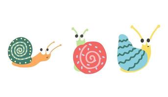 Drawn set of snails. Cartoon vector illustrations of snails for children's books, postcards.