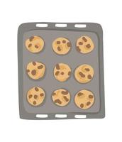 Illustration fresh biscuits with chocolate on a baking sheet. Homemade baking. vector