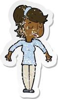 retro distressed sticker of a cartoon friendly woman shrugging shoulders vector