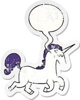 cartoon unicorn and speech bubble distressed sticker vector