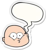 cartoon curious bald man and speech bubble sticker vector