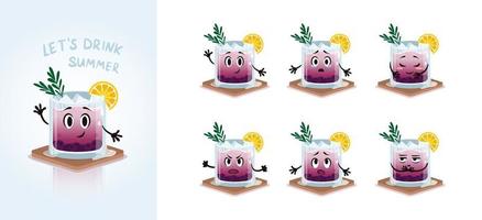 Cold summer drink. Cartoon lemonade character with hands emotions set. Cocktail with ice, lemon and blueberries. Mascot for advertisign vector