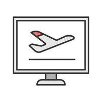 Airplane tickets online booking color icon. Flights schedule.Computer display with plane. Isolated vector illustration