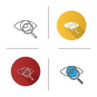 Eye with magnifying glass icon. Eye test. Vision examination. Flat design, linear and color styles. Isolated vector illustrations