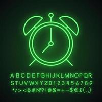 Alarm clock neon light icon. Glowing sign with alphabet, numbers and symbols. Vector isolated illustration
