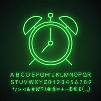 Alarm clock neon light icon. Glowing sign with alphabet, numbers and symbols. Vector isolated illustration