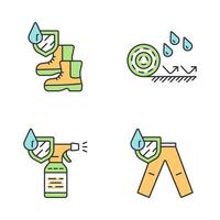 Waterproofing color icons set. Water resistant materials and clothing. Waterproof shoes, flooring, spray, trousers. Liquid and rain protection. Hydrophobic technology. Isolated vector illustrations