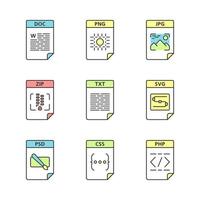 Files format color icons set. Text, image, archive, webpage files. DOC, PNG, ZIP, TXT, SVG, PSD, CSS, PHP. Isolated vector illustrations