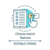 Choose search features concept icon. Select options idea thin line illustration. Online searching. Tablet with checkboxes. Hand switches settings. Vector isolated outline drawing. Editable stroke