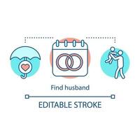 Find husband concept icon. Online dating idea thin line illustration. Family matchmaking. Heart under umbrella. Man hold child. Calendar with rings. Vector isolated outline drawing. Editable stroke