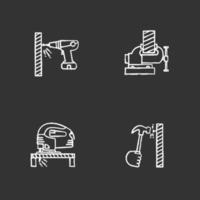 Construction tools chalk icons set. Carpentry. Portable screwdriver, bench vice, electric jigsaw, hand hammering nail. Isolated vector chalkboard illustrations