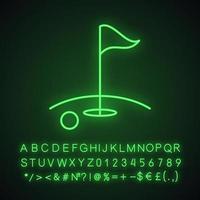 Golf course neon light icon. Golf ball, flagstick in hole. Glowing sign with alphabet, numbers and symbols. Vector isolated illustration