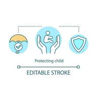 Protecting child concept icon. Childcare idea thin line illustration. Hands hold baby. Insurance. Adoption, custody. Kids rights protection, safety. Vector isolated outline drawing. Editable stroke