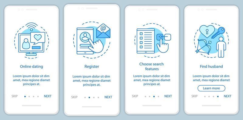Online dating onboarding mobile app page screen vector template. Register, choose search features, find husband website instructions with linear illustrations. UX, UI, GUI smartphone interface concept