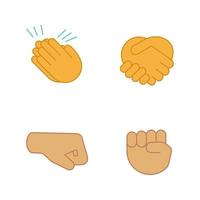 Hand gesture emojis color icons set. Applause, congratulation, handshake gesturing. Right and raised fists. Isolated vector illustrations