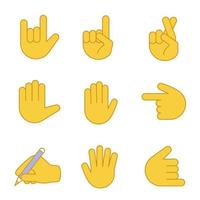 Hand gesture emojis color icons set. Love you, rock on, backhand index pointing left and up, luck, lie, high five, counting five, shaka gesturing, writing hand. Isolated vector illustrations