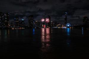 fireworks on the river in the dark sky photo