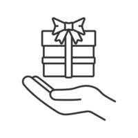 Present linear icon. Open hand with gift box. Thin line illustration. Giving, getting gift. Contour symbol. Contour symbol. Vector isolated outline drawing