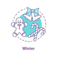 Winter holidays concept icon. New Year or Christmas party decoration idea. Thin line illustration. Gingerbread, candy cane, bells. Vector isolated outline drawing