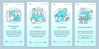 Cleaning service booking onboarding mobile app page screen, linear concepts. Four walkthrough steps graphic instructions. Cleanup company. Sparkle home. UX, UI, GUI vector template with illustrations