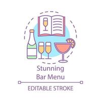 Stunning bar menu concept icon. Recipe book and cocktail preparation. Alcohol beverages menu. Wine map idea thin line illustration. Vector isolated outline drawing. Editable stroke