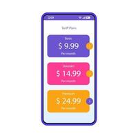 Tariff plans, packages app smartphone interface vector template. Mobile operator page blue design layout. Prepaid recharge plans screen. Flat UI for application. Postpaid billing packs. Phone display