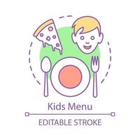 Kids menu concept icon. Family cafe. Unhealthy food. Fastfood meal. Serving, dish, kid, pizza. Children pizzeria idea thin line illustration. Vector isolated outline drawing. Editable stroke