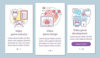 pantalla de la página de la aplicación móvil de incorporación de la industria de los videojuegos con conceptos lineales. Instrucciones gráficas de los pasos del tutorial de diseño y desarrollo de juegos de computadora. ux, ui, plantilla vectorial gui con ilustraciones vector