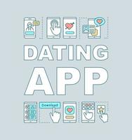 Dating app word concepts banner. Find love mobile application. Couple matchmaking. Online date. Presentation, website. Isolated lettering typography idea with linear icons. Vector outline illustration