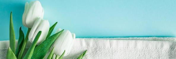 Organic cosmetics for spa treatments on a blue background. Skin care and hygiene concept. photo