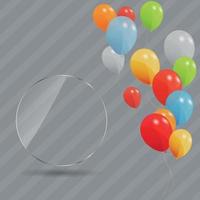 Glass frame on abstract metal background with colored ballons. vector