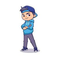chico genial de dibujos animados con chaqueta azul y pose de soporte de sombrero en ilustración plana de personaje de estilo casual vector