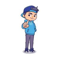 Cartoon cool boy stand pose with pointing finger in casual style character flat illustration