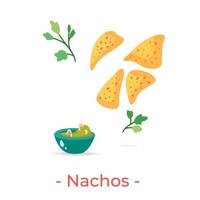 nachos vectoriales con ilustración de diseño de salsa de guacamole de aguacate vector