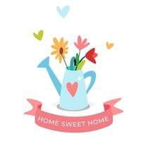 Cartoon style flower bouquet in the blue watering can with pink holiday ribbon. Cute springtime and sweet home flat hand drawn vector illustration. Isolated on white background.