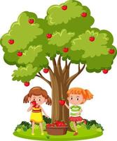 niños cosechando manzana roja del árbol