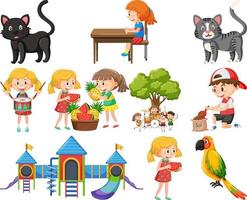 Set of different cute kids and objects vector