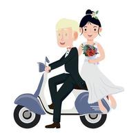 chico con una chica montando en una boda scooter vector