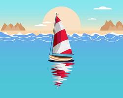 Seascape, red and white sailboat, yacht against the backdrop of the sea and mountains. Summer illustration, vector