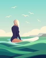 The girl on the surfboard drifts on the waves of the ocean. Summer illustration, seascape, vector